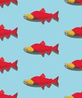 a fish pattern with salmon red and yellow fish on a blue background vector