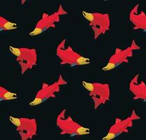 a pattern with red salmon fish on a black background vector
