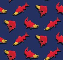 a pattern with red salmon fish on a blue background vector