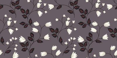 seamless pattern featuring floral stems motifs and dark leaves on a grey background. The design is elegant and minimal, ideal for textiles, wallpapers, fashion, and decorative projects vector