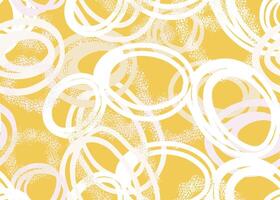 Playful seamless pattern with hand-drawn overlapping circles in white, pastel pink, and beige on a vibrant yellow background. Textured details add depth, ideal for modern designs, textiles vector