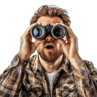 Surprised guy looking through binoculars isolated on a transparent background png