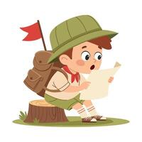Boy scout with map and flag. Flat illustration in a simple children's style. vector