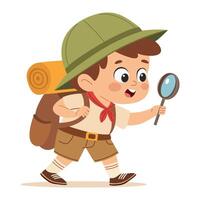 Boy scout with a magnifying glass and a backpack. Khaki Uniform. Flat illustration in a simple children's style. vector