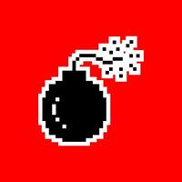 Pixel Art Bomb with Lit Fuse on Red Background vector