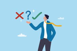 Decision making right or wrong, decide or determination to solve problem, solution, choice or choosing pathway, thinking or challenge for result concept, businessman choosing right or wrong decision. vector