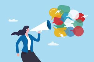 Speak out, voice or message to communicate, dialogue or debate conversation, talk or shout message, advice or announcement concept, businesswoman talk on megaphone with speech bubble voice message. vector