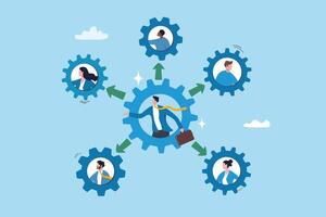 Work delegation, assign responsibility, collaboration task, teamwork efficiency or team productivity, process for manager to delegate work to employee, business teamwork delegate gear collaboration. vector
