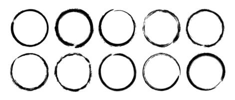 Round paint brush strokes set. Black grunge round stains collection. Ink or charcoal circular frames bundle for logo, label, poster, banner. Rough ring stamp mark pack. Encircle design elements vector