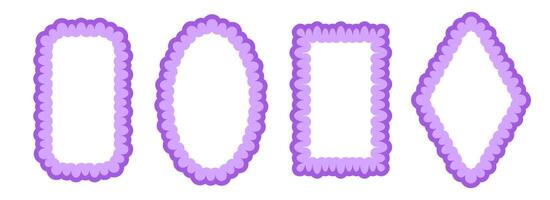 Cute frill pattern frame set. Purple scalloped ellipse and rectangle border collection. Wavy lace edge shape in rococo style for decoration, text box, copy space. Wiggly coquette element pack vector