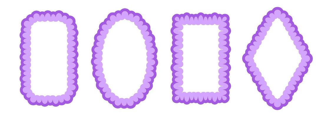 Cute frill pattern frame set. Purple scalloped ellipse and rectangle border collection. Wavy lace edge shape in rococo style for decoration, text box, copy space. Wiggly coquette element pack