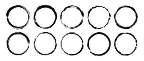Round paint brush stroke set. Black grunge round stain collection. Ink and charcoal circular frame bundle for logo, label, poster, banner. Encircle design elements. Rough ring stamp mark pack vector