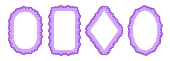 Cute frill pattern frame set. Purple scalloped ellipse and rectangle border collection. Wavy lace edge shape in rococo style for decoration, poster, banner. Wiggly coquette element pack. vector