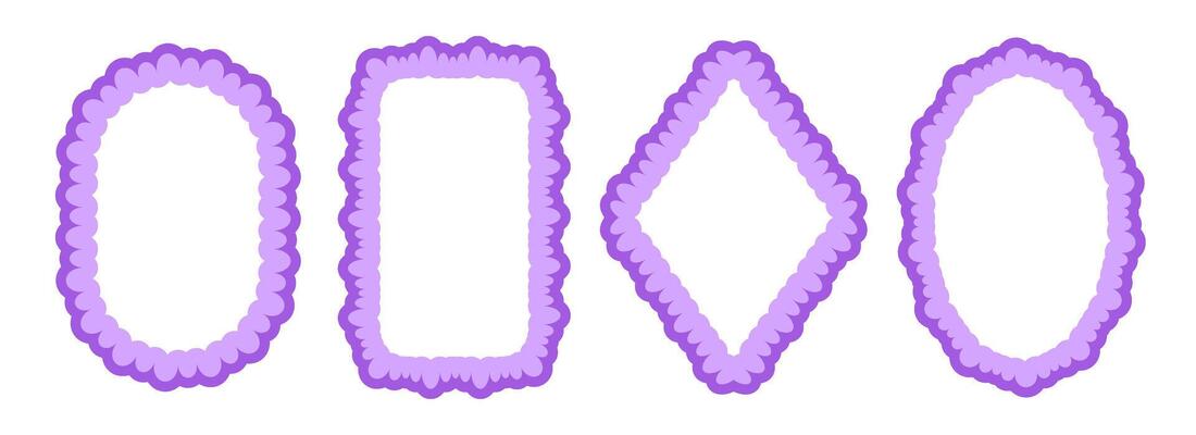 Cute frill pattern frame set. Purple scalloped ellipse and rectangle border collection. Wavy lace edge shape in rococo style for decoration, poster, banner. Wiggly coquette element pack.