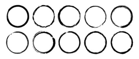 Round paint brush stroke set. Black grunge round stain collection. Ink and charcoal circular frame bundle for logo, label, poster, banner. Rough ring stamp mark pack. Encircle design elements vector