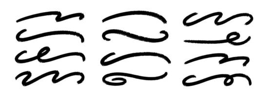 Wavy paint line set. Squiggle sketch brush stroke collection. Rough charcoal curved stripes for highlight, underline, emphasis. Hand drawn wave crayon chalk strips. Black swoosh flourish bundle vector