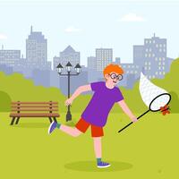 Boy catching butterflies in a city park on a sunny day with tall buildings in the background vector