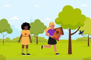 Two children in a park enjoy building a birdhouse while surrounded by trees vector