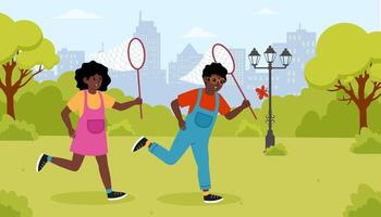 Kids playing in a park with butterfly nets on a sunny day in the city vector