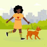 Girl enjoys a sunny day walking her dog in a city park with tall buildings in the background vector