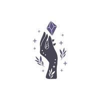 Witch hand with boho crystal illustration. vector