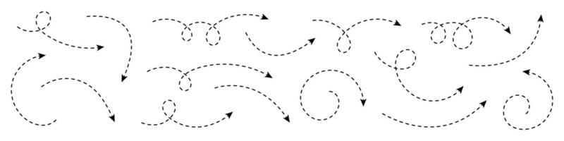 Set of dashed curved hand drawn arrows. vector