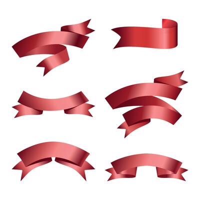 Set of Red Ribbons and Tags isolated on white background. Red award ribbon banners for text. Collection of Different Empty Red Ribbon, Label Design for text. 3D of various shapes. Eps 10.