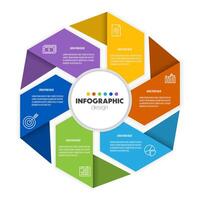 Diagram divided into six colorful sections with icons representing startup development strategies. vector