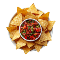 Top view of nachos chips and salsa isolated on transparent background png