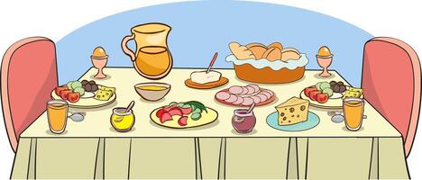 Buffet style table, buffet with food and drinks for breakfast, morning meal. Flat illustration isolated on white background vector