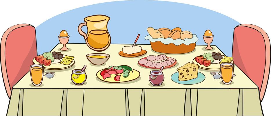 Buffet style table, buffet with food and drinks for breakfast, morning meal. Flat illustration isolated on white background