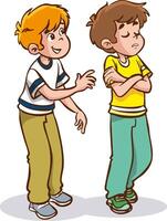 Cartoon angry little boy standing in a pose with his arms crossed and a frown. Colorful illustration of children's emotion isolated on white background. vector