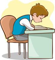 child exhibits bad body posture while reading book at desk, inviting discomfort and possible health problems. student character hunched over, neck tense, shoulders slumped vector