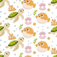 Cartoon turtles and pufferfish underwater seamless repeating pattern vector