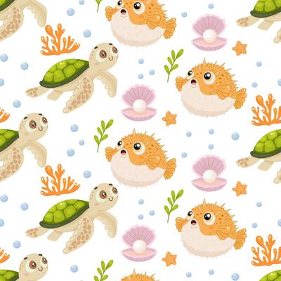 Cartoon turtles and pufferfish underwater seamless repeating pattern