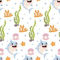 Cartoon shark seamless pattern with seaweed coral and shells vector