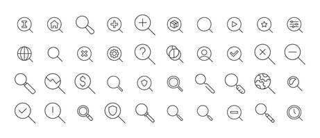 Magnifying Glass Bundle of Related Line Icons. Outline Signs for Graphic and Web Design, Apps, Adverts, Various Cards vector