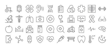 Bundle of Line Icons of Medical Cross, Heart, Bones, Health Care. Minimalistic Linear Pictogram for Web and Graphic Design, Apps, Banners, Social Network and Cards vector