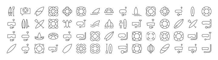 Collection of Line Icons of Surfboard, Lifeline, Diving Mask. Minimalistic Linear Pictogram for Web and Graphic Design, Apps, Banners, Social Network and Cards vector