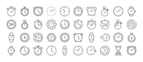 Clock, Smart Watch, Alarm Clock, Timer Bundle of Related Line Icons. Outline Signs for Graphic and Web Design, Apps, Adverts, Various Cards vector