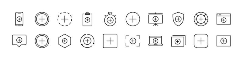 Plus or Add Set of Thin Icons. Editable Stroke. Perfect for Web Sites, Books, Cards, Apps vector