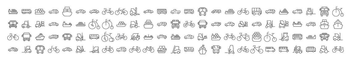 Bus, Ship, Tractor, Bicycle, Car Simple Isolated Line Icons Collection. Editable Stroke. Perfect for Web Sites, Books, Cards, Apps vector