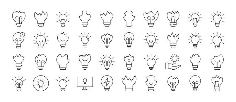 Light Thin Line Icon Set . Lamps and Broken Lamps Outline Signs for Graphic and Web Design, Apps, Adverts, Various Cards vector