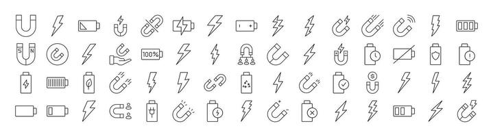 Magnet, Battery, Lightning Line Icon Set. Outline Signs for Graphic and Web Design, Apps, Adverts, Various Cards vector