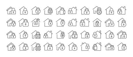 Simple Linear Icon of House with Lock. Minimalistic Linear Pictogram for Web and Graphic Design, Apps, Banners, Social Network and Cards vector