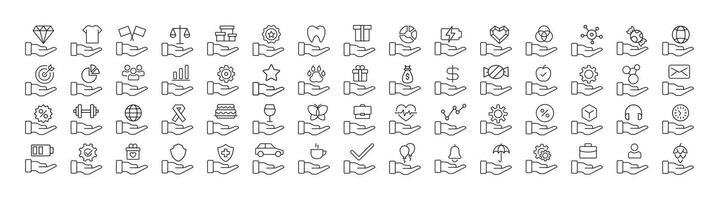 Different Items on Hand Modern Outline Style Icons for Design, Cards, Apps, Social Network vector