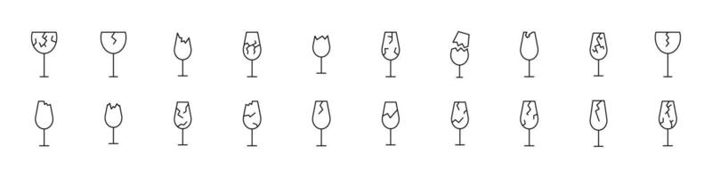 Pack of Line Icons of Broken Glass of Wine. Minimalistic Linear Pictogram for Web and Graphic Design, Apps, Banners, Social Network and Cards vector
