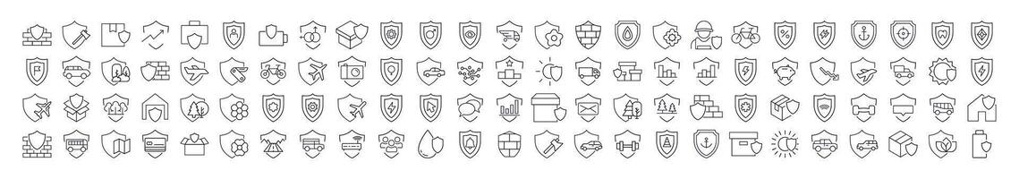 Defence, Insurance, Protection Bundle of Related Line Icons. Shields with Various Items Outline Signs for Graphic and Web Design, Apps, Adverts, Various Cards vector