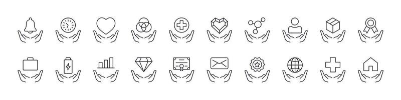 Suitcase, Circles, Heart, Cross on Hand Line Icon Set. Outline Signs for Graphic and Web Design, Apps, Adverts, Various Cards vector
