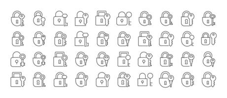 Set of Lock and Key Related Line Icons. Outline Signs for Graphic and Web Design, Apps, Adverts, Various Cards vector